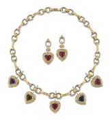 A GEMSTONE AND DIAMOND NECKLACE AND EARRING SUITE