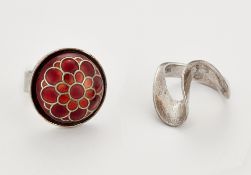 DAVID ANDERSEN - A DANISH SILVER AND ENAMEL RING AND A DANISH SILVER RING