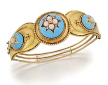 A 19TH CENTURY CORAL, DIAMOND AND BLUE ENAMEL BANGLE