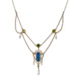 AN EARLY 20TH CENTURY BLACK OPAL DOUBLET, PERIDOT, PASTE AND PEARL NECKLACE