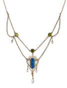 AN EARLY 20TH CENTURY BLACK OPAL DOUBLET, PERIDOT, PASTE AND PEARL NECKLACE