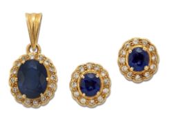 A SYNTHETIC SAPPHIRE AND DIAMOND CLUSTER PENDANT AND EARRING SUITE