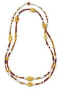 A CULTURED PEARL, AMBER AND GEMSTONE BEAD NECKLACE