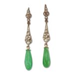 A PAIR OF JADE AND SEED PEARL PENDANT EARRINGS