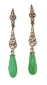 A PAIR OF JADE AND SEED PEARL PENDANT EARRINGS