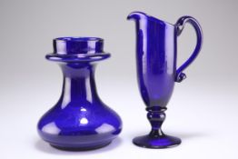 AN EARLY 19TH CENTURY BRISTOL BLUE GLASS JUG AND BULB VASE