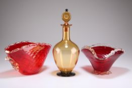 AN ART DECO AMBER AND BLACK GLASS DECANTER, ETC.