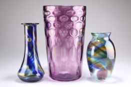 A RICHARDSONS AMETHYST OPTIC GLASS VASE, AND TWO OTHERS