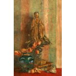 19TH CENTURY SCHOOL, STILL LIFE OF BUDDHA FIGURE, BOOKS AND FRUIT