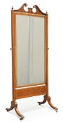 A SHERATON REVIVAL SATINWOOD INLAID MAHOGANY CHEVAL MIRROR