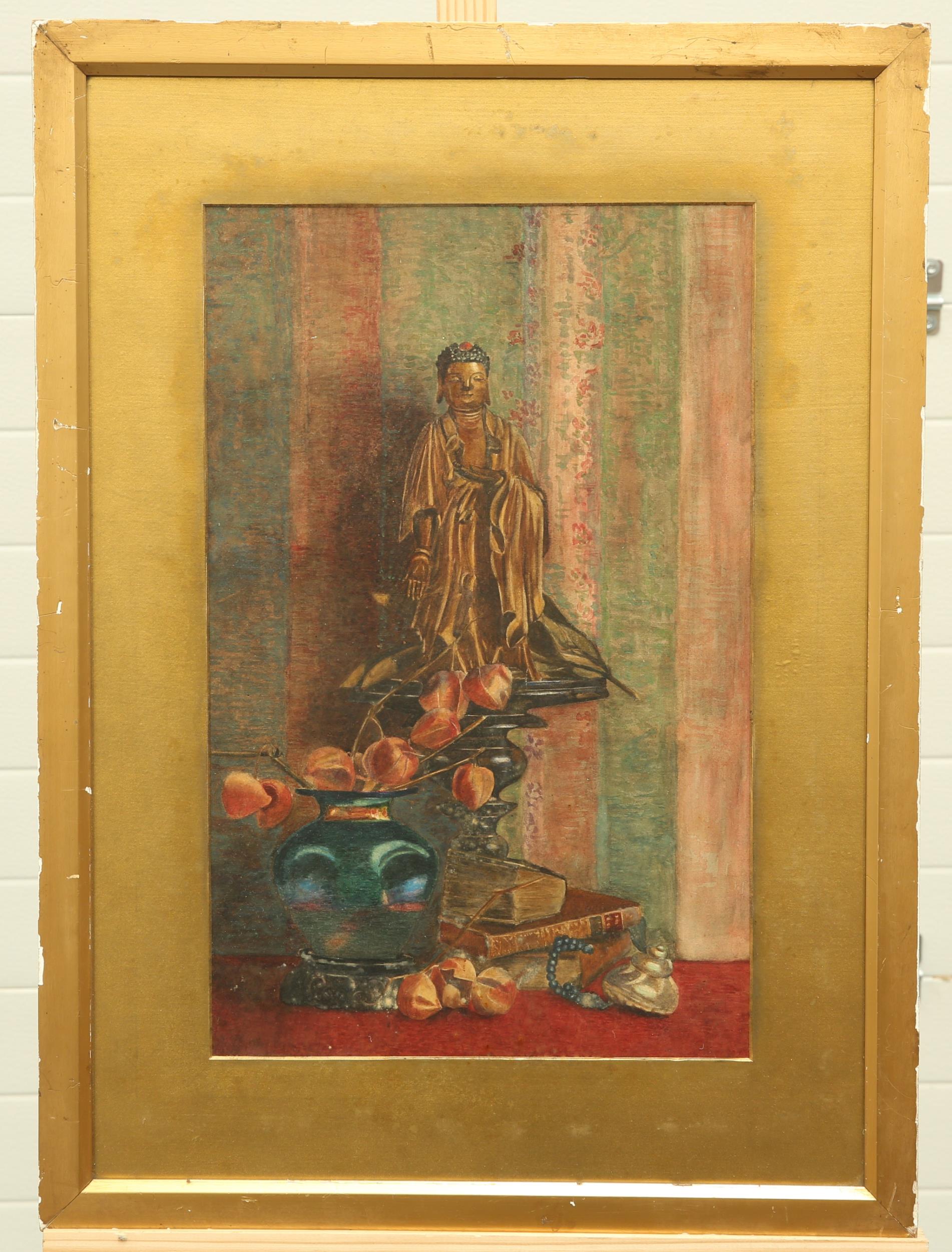 19TH CENTURY SCHOOL, STILL LIFE OF BUDDHA FIGURE, BOOKS AND FRUIT - Bild 2 aus 2