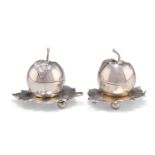 A PAIR OF ELIZABETH II SILVER NOVELTY APPLE SALT AND PEPPERS