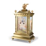 A LATE 19TH CENTURY FRENCH PORCELAIN-MOUNTED BRASS MANTEL CLOCK