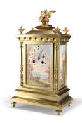 A LATE 19TH CENTURY FRENCH PORCELAIN-MOUNTED BRASS MANTEL CLOCK