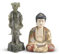 A JAPANESE KYOTO SATSUMA BUDDHA AND A CHINESE CARVED GREEN SOAPSTONE FIGURE OF A LADY