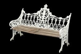 A WHITE PAINTED METAL GARDEN BENCH, IN THE VICTORIAN GOTHIC STYLE