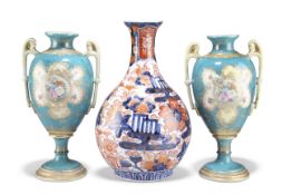 A 19TH CENTURY JAPANESE IMARI VASE AND A PAIR OF JAPANESE NORITAKE PORCELAIN VASES