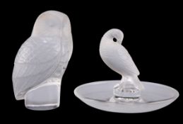 LALIQUE, A GLASS PAPERWEIGHT AND A PIN DISH