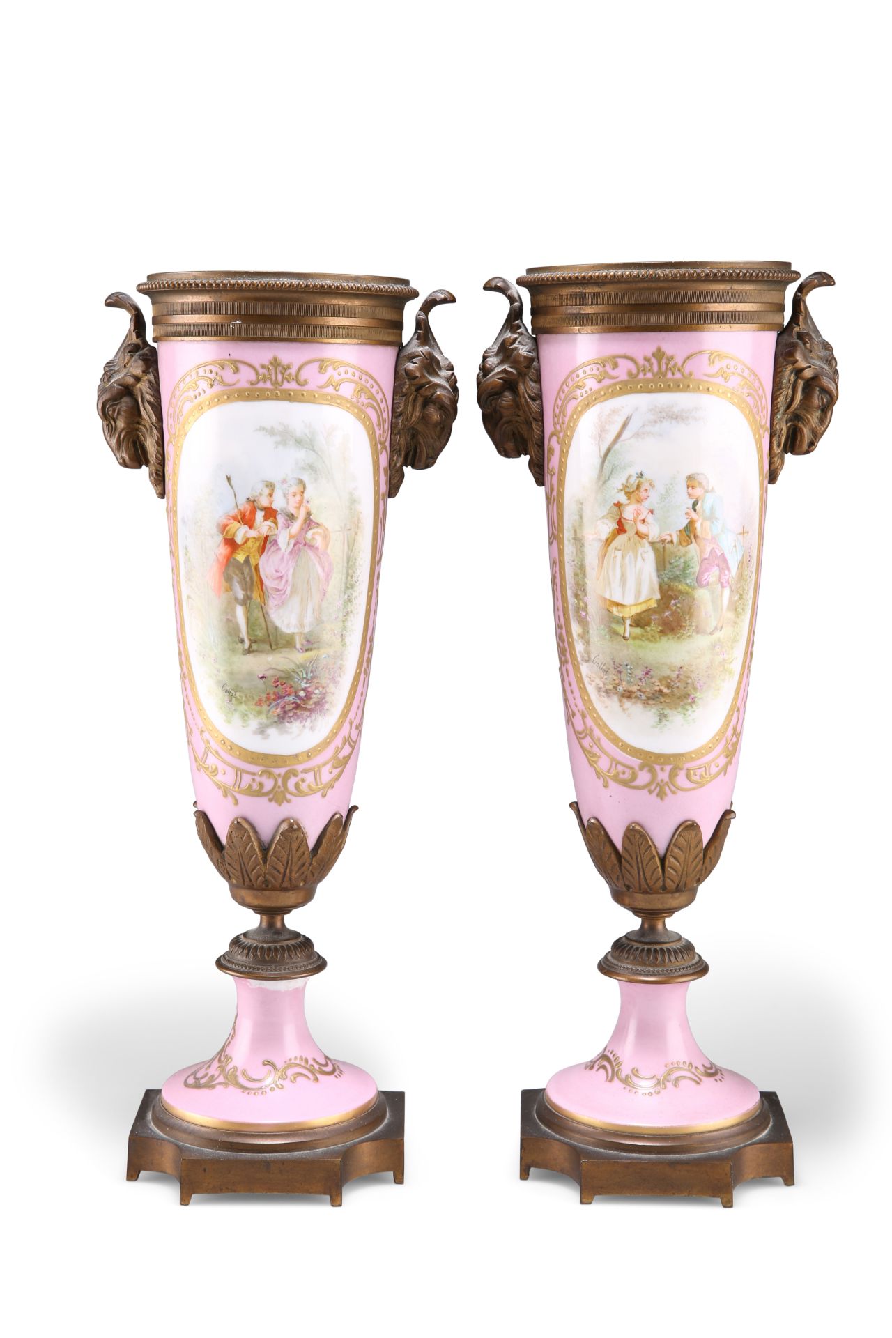 A PAIR OF 19TH CENTURY SÈVRES-STYLE GILT-METAL MOUNTED VASES