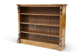 A VICTORIAN BURR WALNUT OPEN BOOKCASE