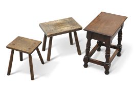 TWO PRIMATIVE COUNTRY STOOLS AND A COFFIN STOOL