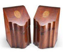 A PAIR OF GEORGE III INLAID MAHOGANY SERPENTINE KNIFE BOXES