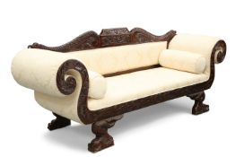 A HANDSOME 19TH CENTURY-STYLE MAHOGANY AND UPHOLSTERED SOFA