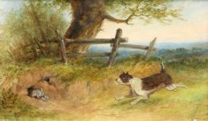 ENGLISH SCHOOL (19TH CENTURY), TERRIER CHASING A RABBIT DOWN A HOLE