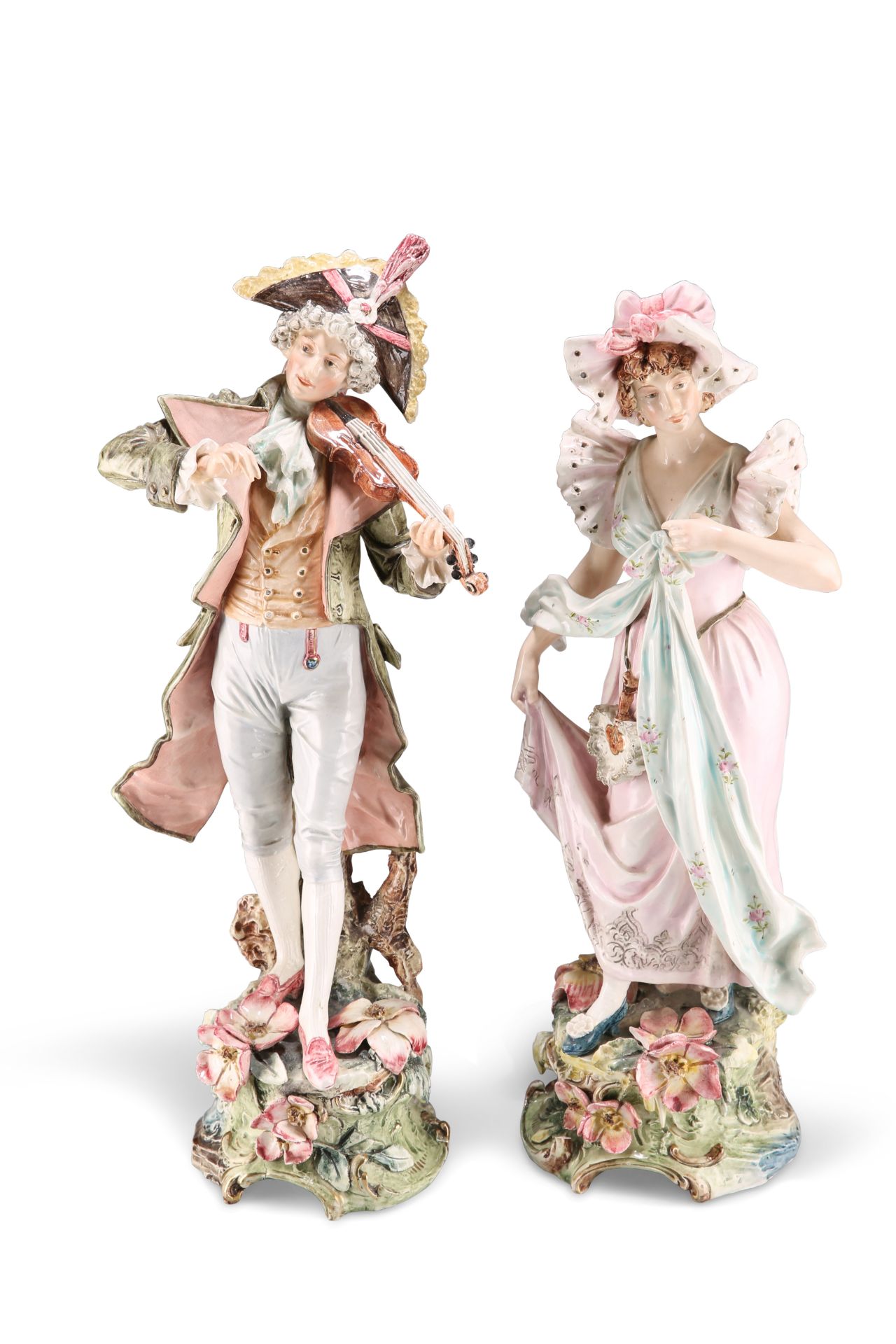 A LARGE PAIR OF VIENNESE FAIENCE FIGURES, PROBABLY GOLDSCHEIDER