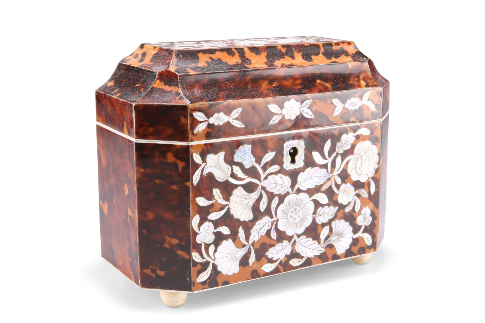 A GEORGE IV TORTOISESHELL AND MOTHER-OF-PEARL INLAID TEA CADDY