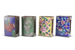 FOUR CHINESE ENAMEL MATCHBOX SLEEVES