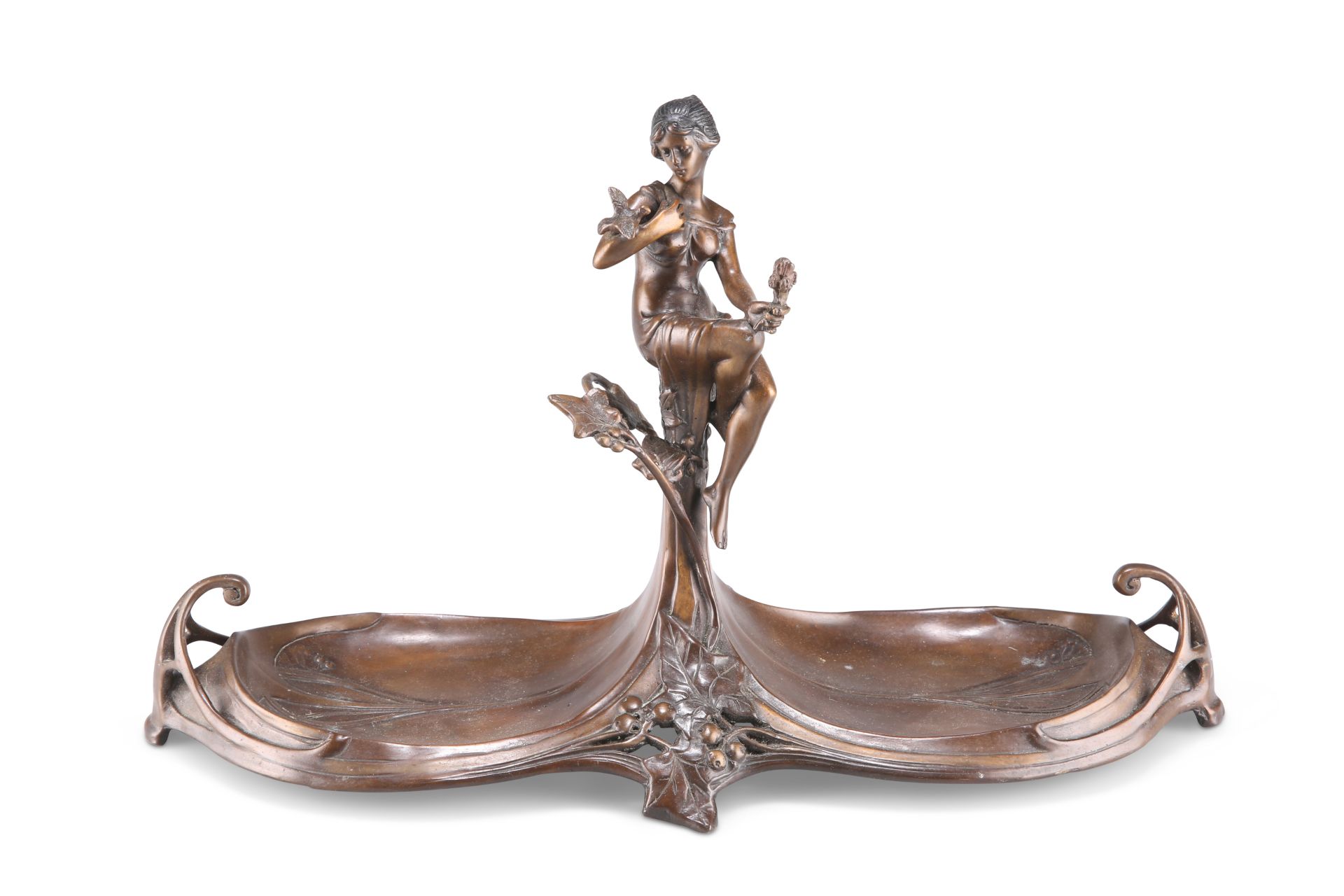 AN ART NOUVEAU-STYLE BRONZE FIGURAL CARD TRAY