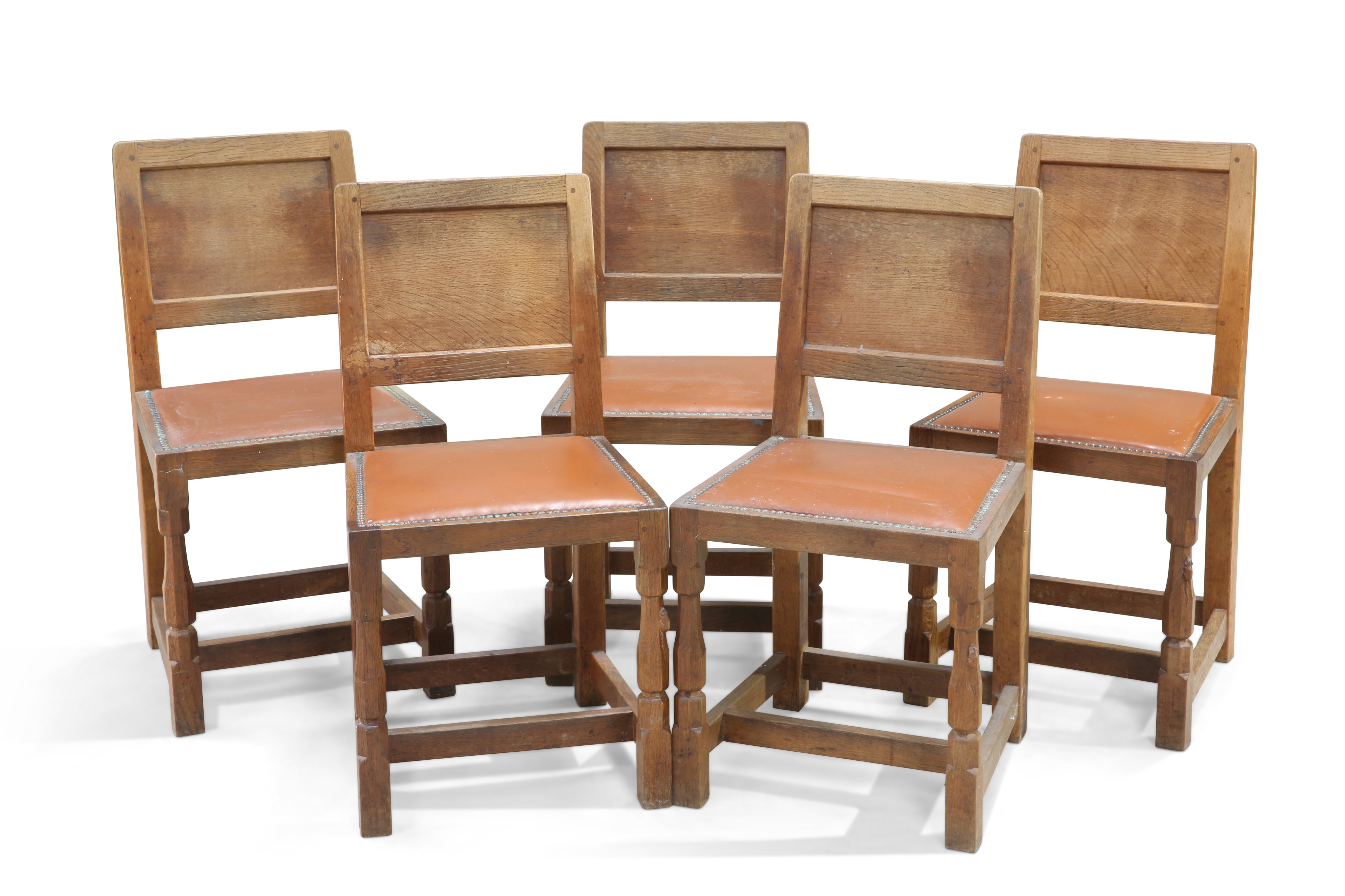 ROBERT THOMPSON OF KILBURN, A SET OF FIVE MOUSEMAN OAK DINING CHAIRS