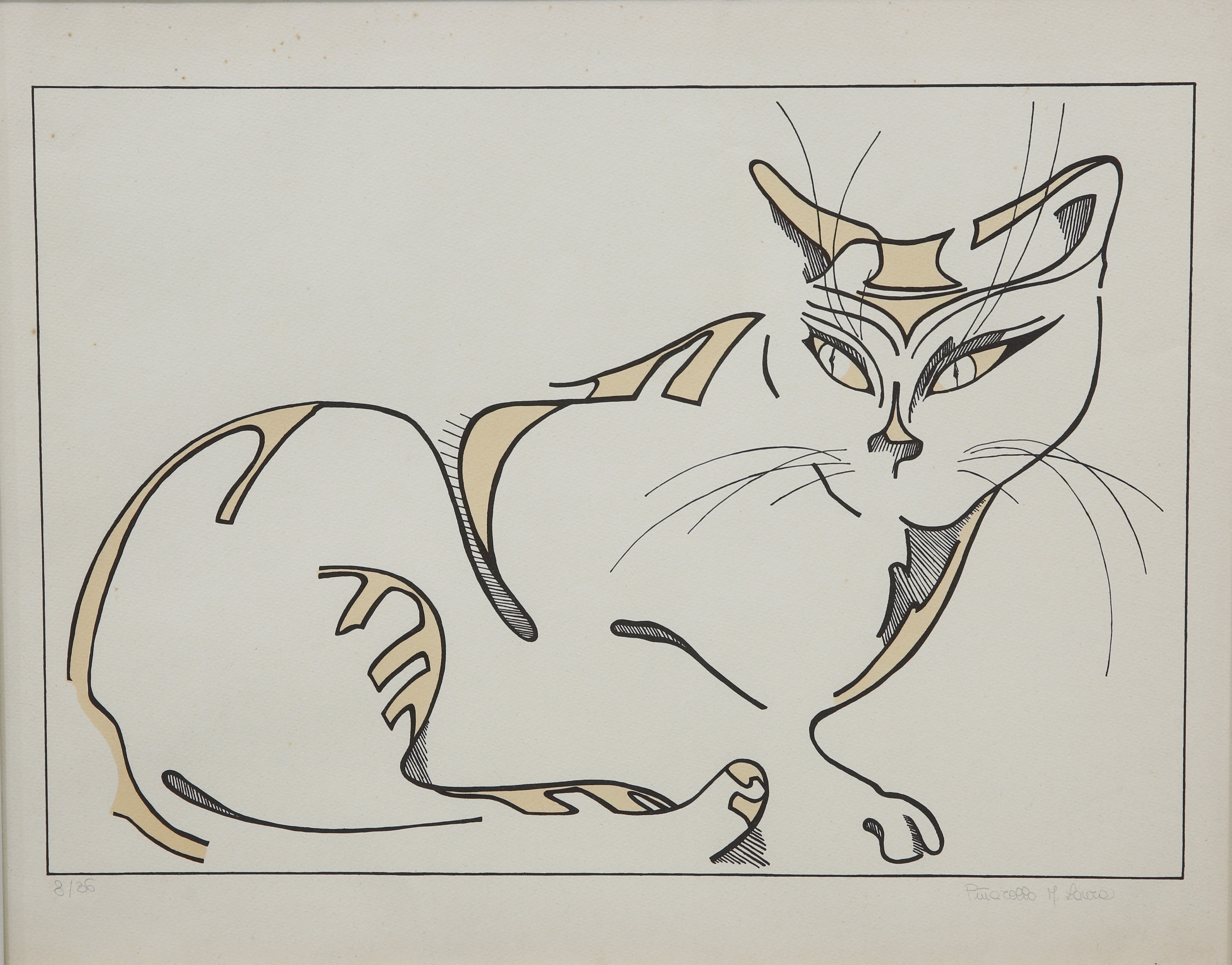 ITALIAN SCHOOL, AN ART DECO PERIOD COLOURED WOOD ENGRAVING OF A SEATED CAT