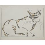 ITALIAN SCHOOL, AN ART DECO PERIOD COLOURED WOOD ENGRAVING OF A SEATED CAT