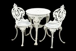 A WHITE PAINTED METAL GARDEN TABLE AND PAIR OF CHAIRS