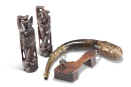 A 19TH CENTURY BRASS MOUNTED POWDER HORN, A PAIR OF CHINESE CARVED WOOD FIGURES OF IMMORTALS, ETC.