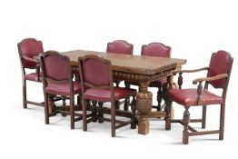 A JACOBEAN-STYLE OAK DINING TABLE AND SIX CHAIRS, EARLY 20TH CENTURY