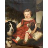 BRITISH SCHOOL (19TH CENTURY), CHILD IN PLAID DRESS WITH TWO DOGS