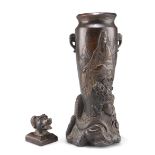 A JAPANESE MEIJI PERIOD BRONZE VASE AND A CHINESE BRONZE SEAL