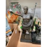 A 20th century patinated metal figure of Augustus Caesar, on a black marble base