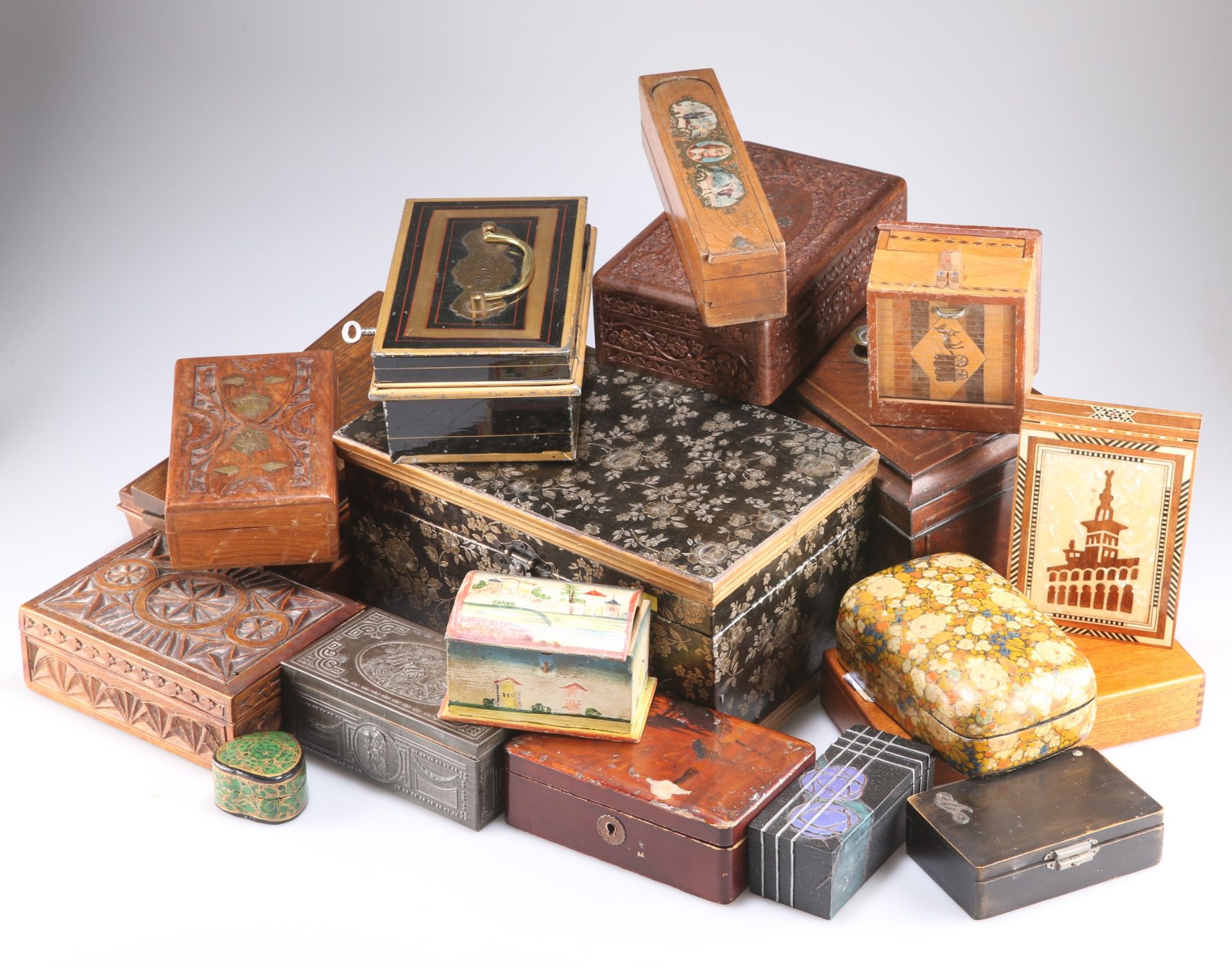 A collection of decorative and other boxes