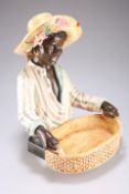 Continental faience figure in straw hat holding a basket, 40cm high (Chip to hat)