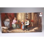A large ceramic tile hand painted with a Victorian genre scene, 60cm by 30cm