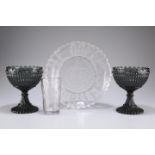 Two smoked glass chalices, together with a commemorative 1837-1887 Victorian pressed glass plate and