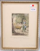 Marcel Jacque, after J.F. Millet, the new lamb, coloured etching, signed and inscribed by the artist