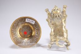 A Cairo Ware brass bowl, 12cm diameter and a tiger skin brass dish, 18cm long, (2)