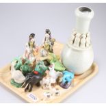 A group of Chinese pottery figures of geese, 8cm high, two Cantonese figures of musicians seated