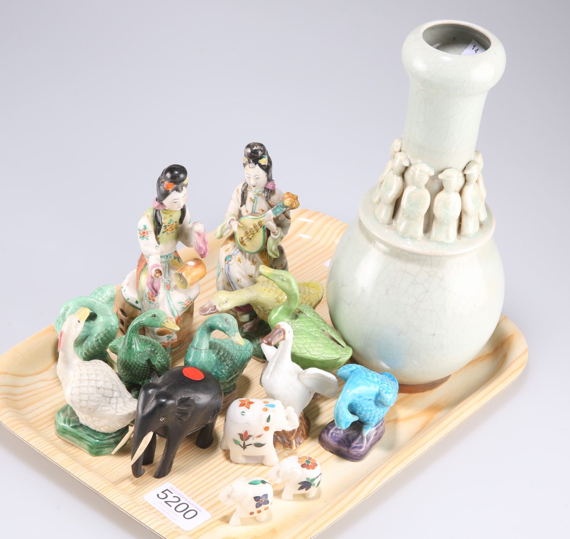 A group of Chinese pottery figures of geese, 8cm high, two Cantonese figures of musicians seated