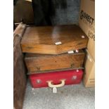 A Vintage red picnic hamper and two vacant wooden canteen cases (3)